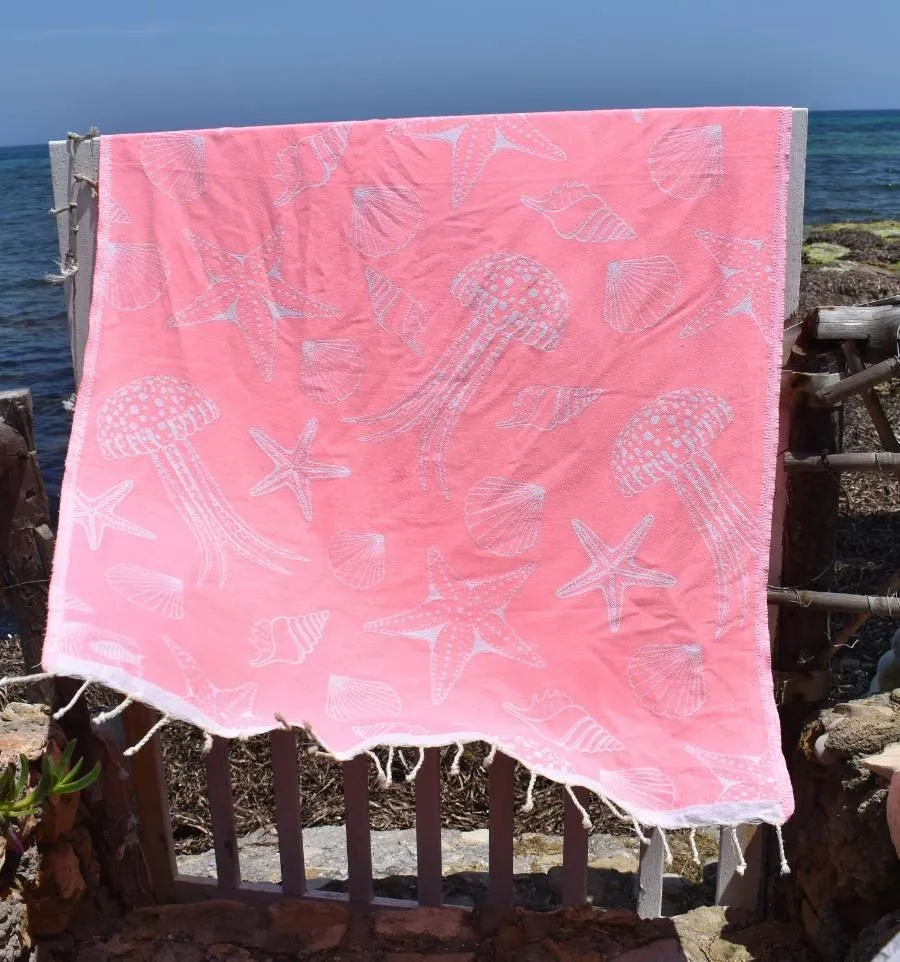 Fouta Fidji rose fluo - Fouta jacquard - Fouta motifs marins - Serviette de plage absorbante, coton