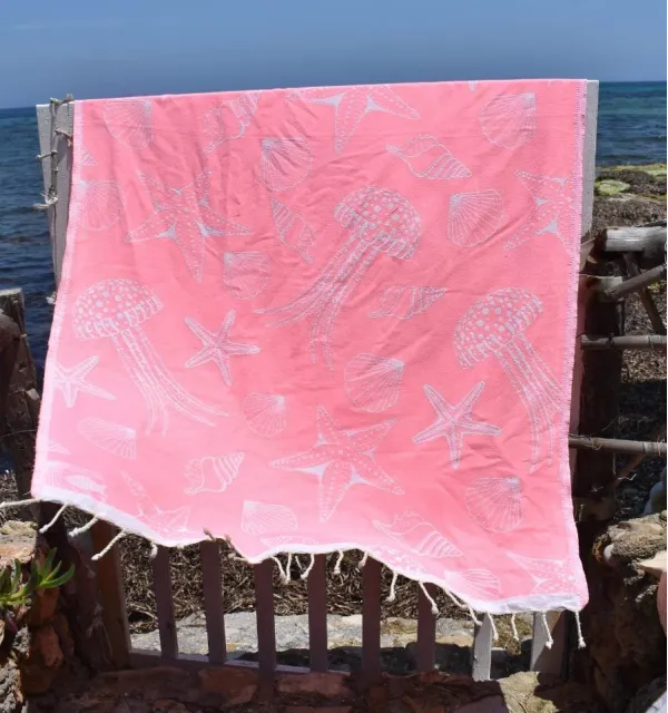 Fouta Fidji rose fluo - Fouta jacquard - Fouta motifs marins - Serviette de plage absorbante, coton