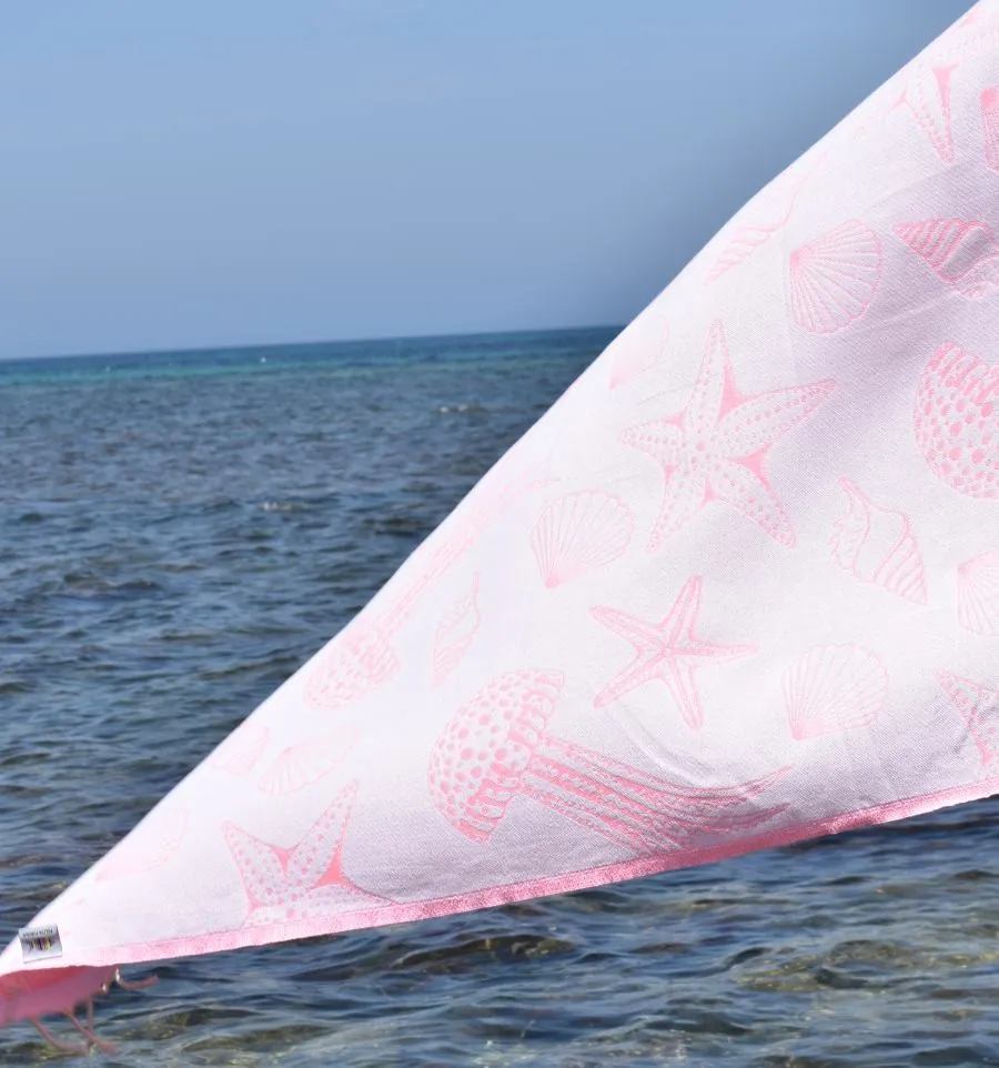 Fouta Fidji rose fluo - Fouta jacquard - Fouta motifs marins - Serviette de plage absorbante, coton
