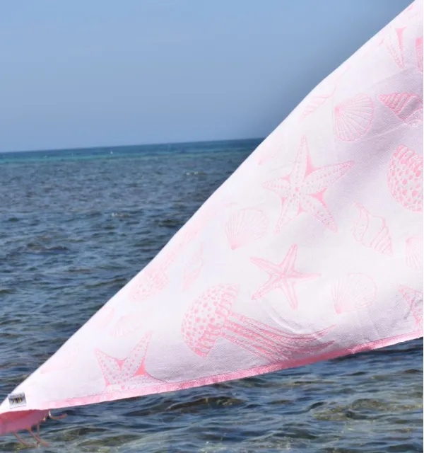 Fouta Fidji rose fluo - Fouta jacquard - Fouta motifs marins - Serviette de plage absorbante, coton
