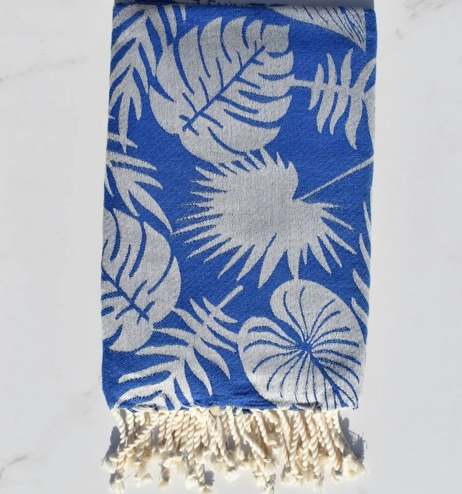 Fouta Amazon bleu et gris clair - Fouta jacquard aux motifs tropicaux - Fouta tendance - Serviette de plage - Fouta absorbante