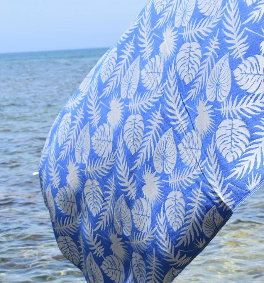 Fouta Amazon bleu et gris clair - Fouta jacquard aux motifs tropicaux - Fouta tendance - Serviette de plage - Fouta absorbante