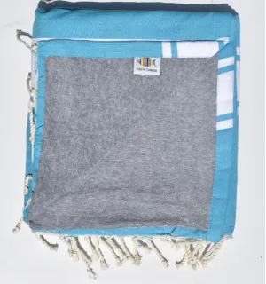 Fouta bleu azur doublée éponge grise - Fouta double face coton - Serviette plage - serviette de plage absorbante
