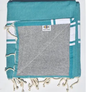 Fouta vert sarcelle doublée éponge grise - Fouta doublée éponge - Serviette de plage absorbante - Fouta coton plage