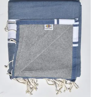 Fouta bleu guède doublée éponge grise - serviette de plage coton - fouta deux faces - Serviette de plage absorbante