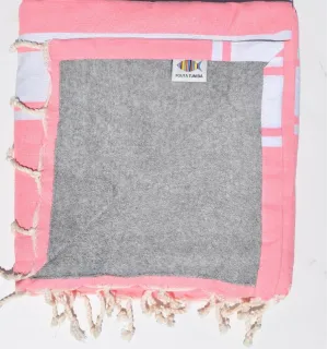 Fouta rose fluo doublée éponge grise - serviette plage, serviette de plage coton - fouta deux faces
