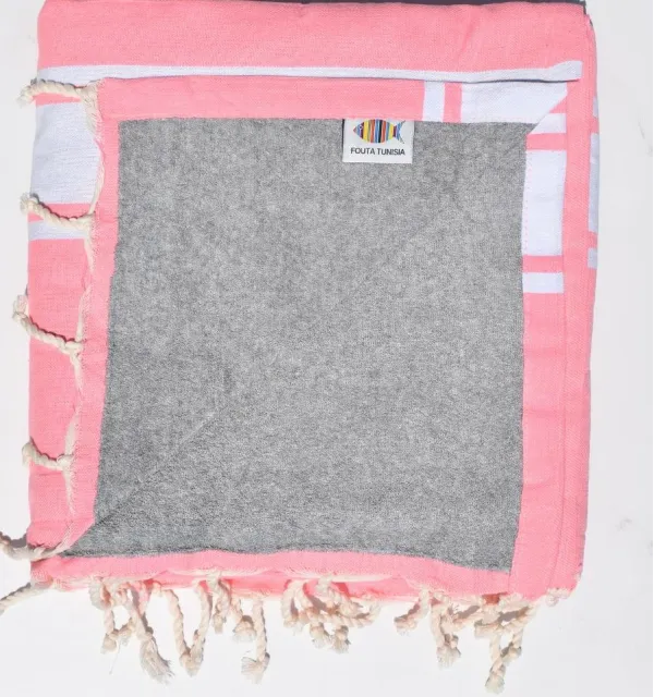 Fouta rose fluo doublée éponge grise - serviette plage, serviette de plage coton - fouta deux faces