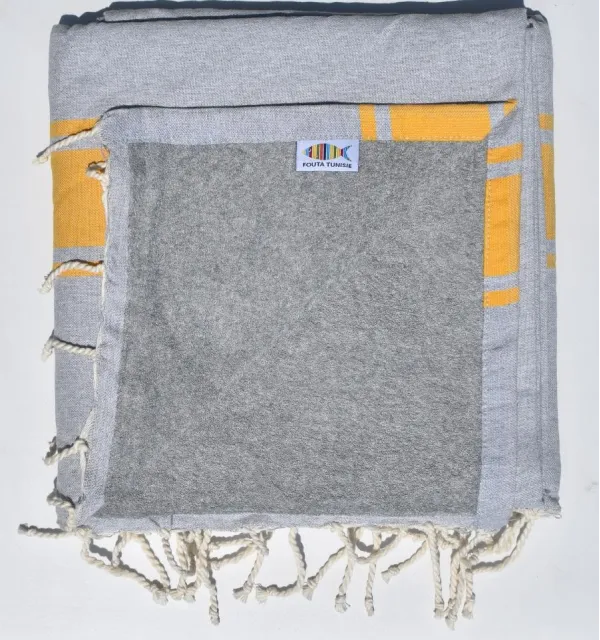 Fouta grise bandes Jaunes doublée éponge grise - serviette plage, serviette de plage coton - fouta deux faces