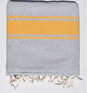 Fouta grise bandes Jaunes doublée éponge grise - serviette plage, serviette de plage coton - fouta deux faces 2