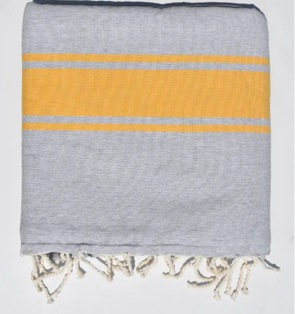 Fouta grise bandes Jaunes doublée éponge grise - serviette plage, serviette de plage coton - fouta deux faces