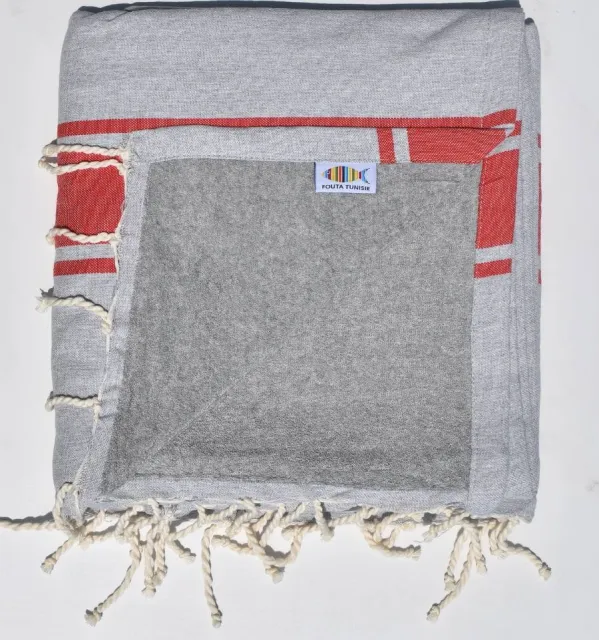 Fouta gris clair bandes rouges doublée éponge grise - serviette plage, serviette de plage coton - fouta deux faces
