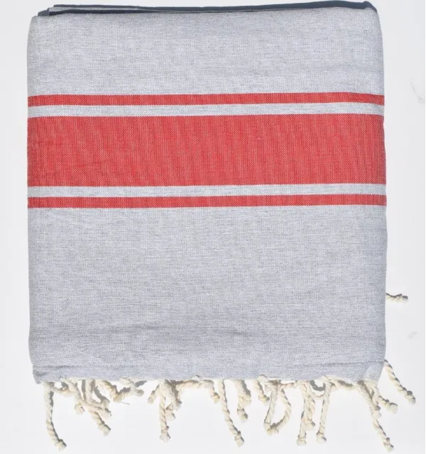 Fouta gris clair bandes rouges doublée éponge grise - serviette plage, serviette de plage coton - fouta deux faces