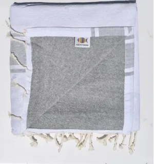 Fouta blanche à bandes gris clair doublée éponge gris - serviette plage, serviette de plage coton - fouta deux faces