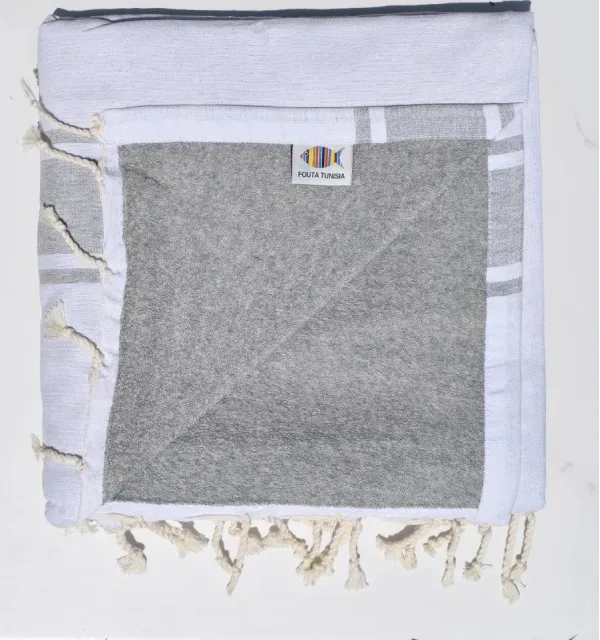 Fouta blanche à bandes gris clair doublée éponge gris - serviette plage, serviette de plage coton - fouta deux faces