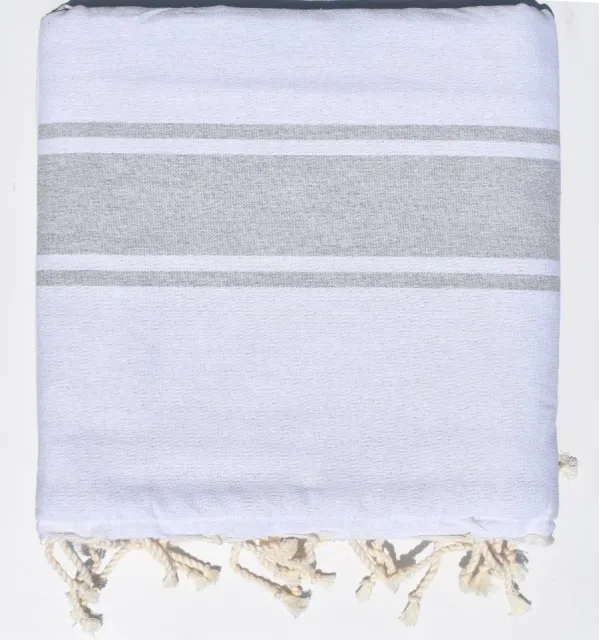 Fouta blanche à bandes gris clair doublée éponge gris - serviette plage, serviette de plage coton - fouta deux faces