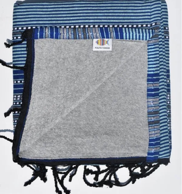 Fouta bleue à rayures doublée éponge grise - serviette plage, serviette de plage coton - fouta deux faces