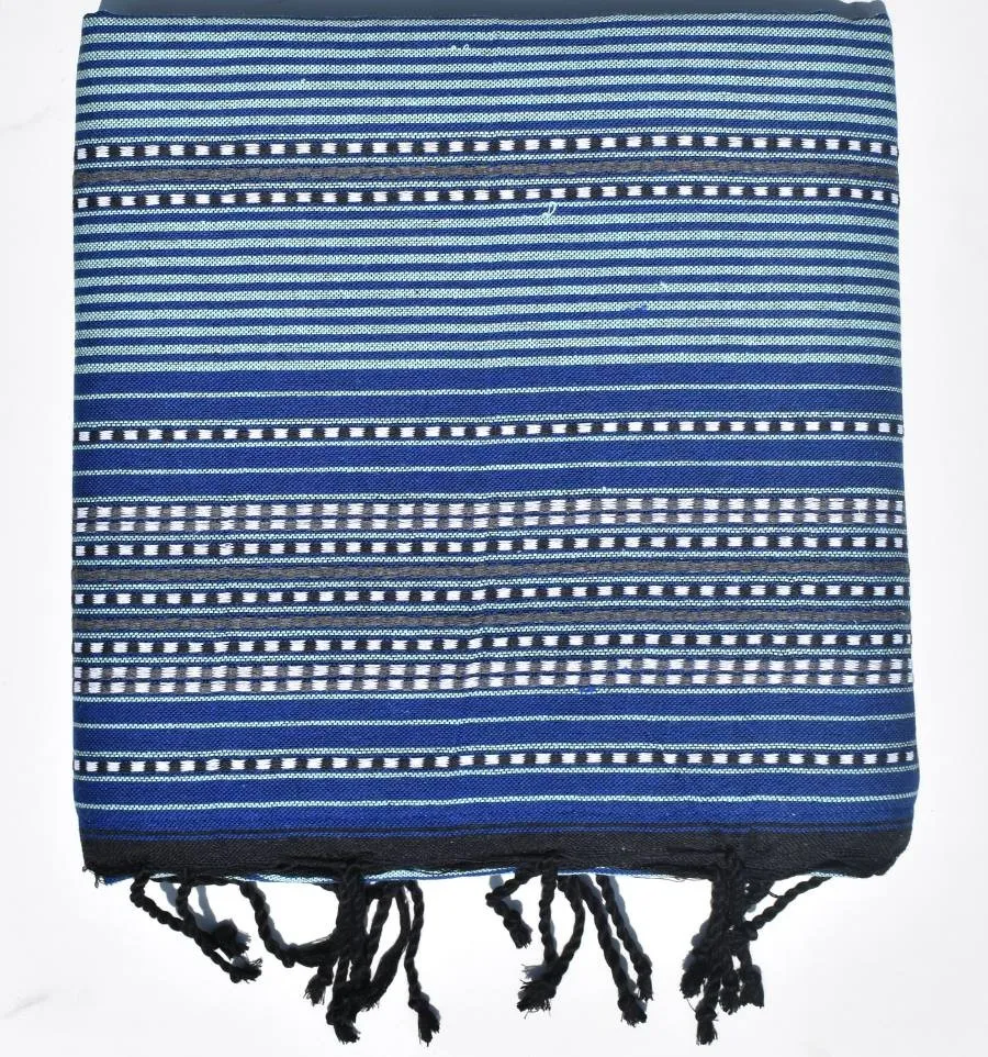 Fouta bleue à rayures doublée éponge grise - serviette plage, serviette de plage coton - fouta deux faces