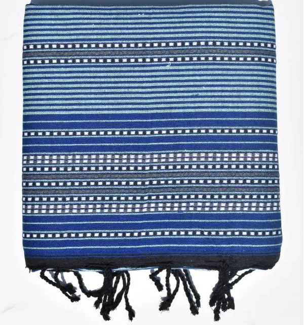 Fouta bleue à rayures doublée éponge grise - serviette plage, serviette de plage coton - fouta deux faces