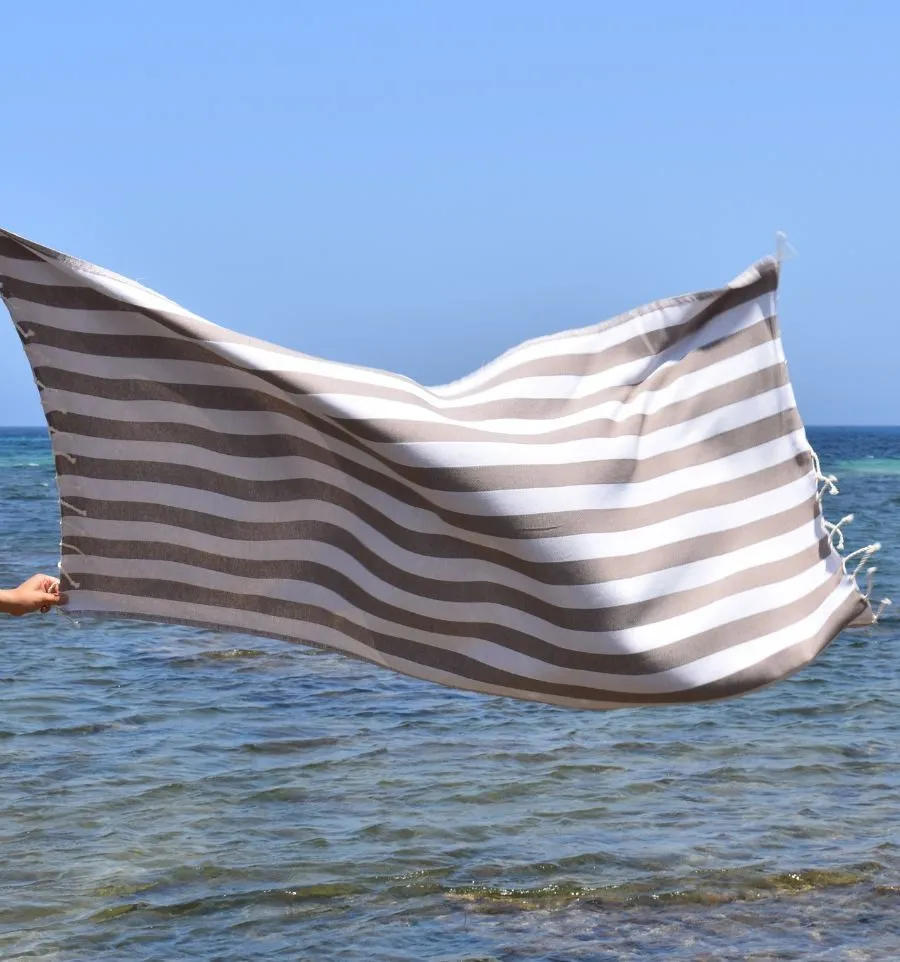 Fouta Alaska taupe - Serviette Jacquard Douce & Absorbante 100x200 cm - Serviette de plage - Fouta à rayures