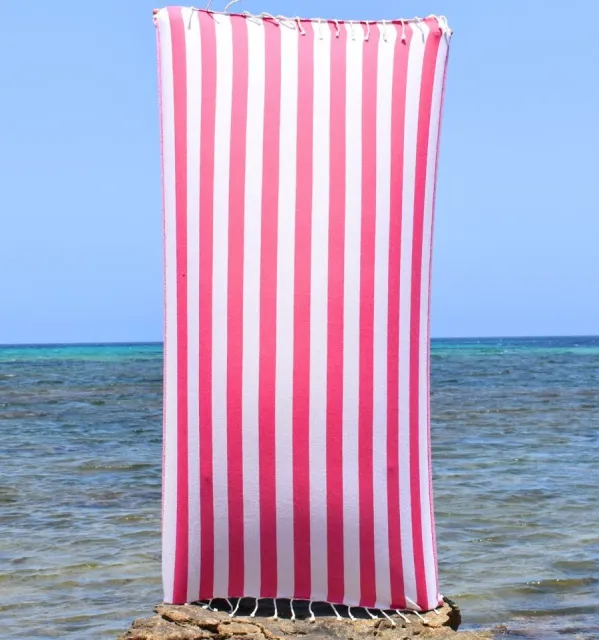 Fouta Alaska rose fuchsia - Serviette Jacquard 100x200 cm en Coton - Serviette de plage - Fouta à rayures