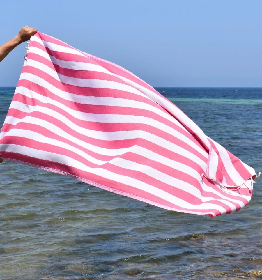 Fouta Alaska rose fuchsia - Serviette Jacquard 100x200 cm en Coton - Serviette de plage - Fouta à rayures