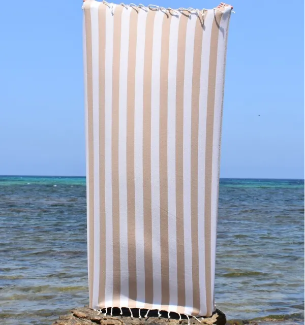 Fouta Alaska beige - Serviette Jacquard 100x200 cm en Coton - Serviette de plage - Serviette absorbante - Fouta à rayures