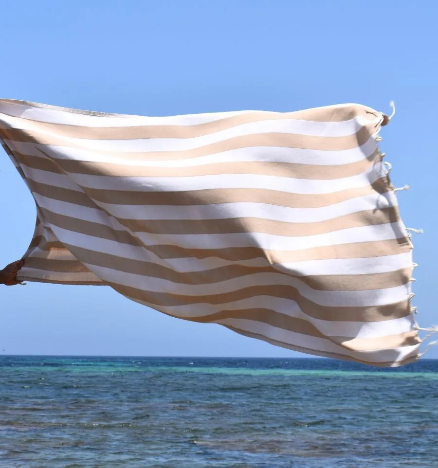 Fouta Alaska beige - Serviette Jacquard 100x200 cm en Coton - Serviette de plage - Serviette absorbante - Fouta à rayures