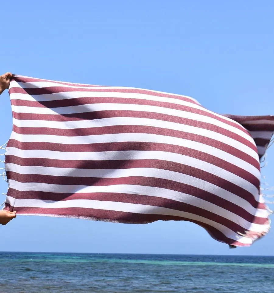 Fouta Alaska bordeaux - Serviette Jacquard 100x200 cm en Coton - Serviette de plage - Serviette absorbante - Fouta à rayures