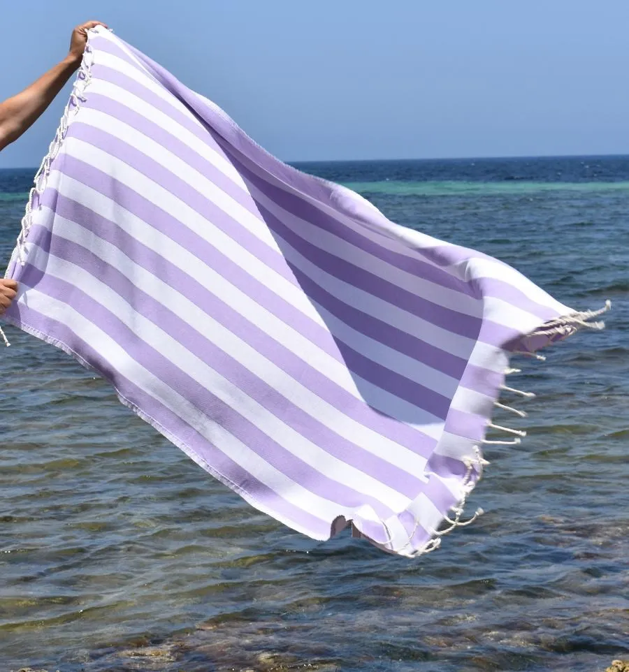Fouta Alaska parme - Serviette Jacquard 100x200 cm en Coton - Serviette de plage - Serviette absorbante - Fouta à rayures