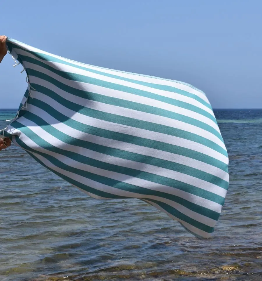 Fouta Alaska vert sarcelle - Serviette Jacquard 100x200 cm en Coton - Serviette de plage - Serviette absorbante - Fouta à rayure