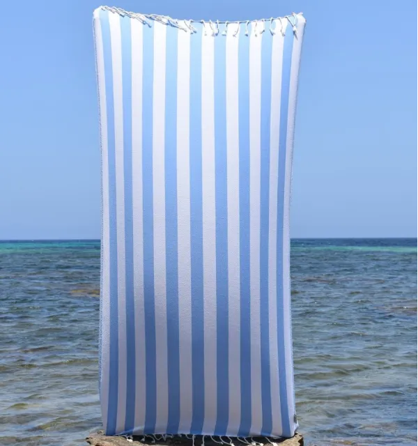 Fouta Alaska bleu ciel - Serviette Jacquard 100x200 cm en Coton - Serviette de plage - Serviette absorbante - Fouta à rayures