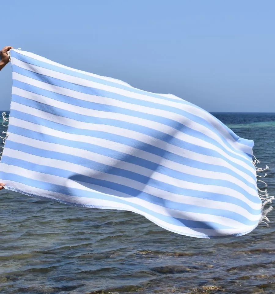 Fouta Alaska bleu ciel - Serviette Jacquard 100x200 cm en Coton - Serviette de plage - Serviette absorbante - Fouta à rayures