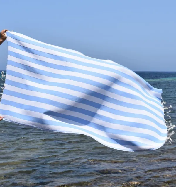 Fouta Alaska bleu ciel - Serviette Jacquard 100x200 cm en Coton - Serviette de plage - Serviette absorbante - Fouta à rayures