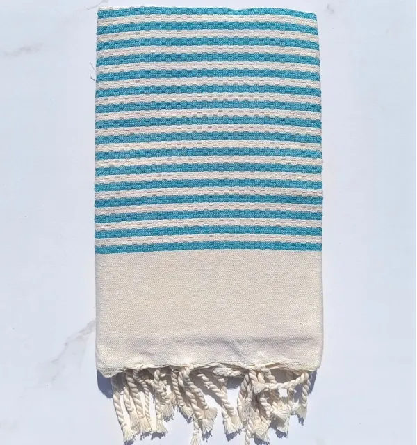 Fouta nid d'abeille rayée 1 cm sarcelle 100x200 cm - 100 % Coton - FOUTA TUNISIA