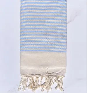Serviette de plage nid d'abeille blanc crème rayée 1 cm rayures bleu clair