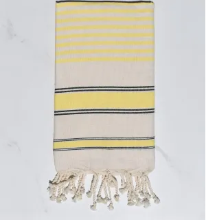 Fouta blanc crème, jaune et noir - Serviette de plage - Serviette absorbante - Grande serviette en coton