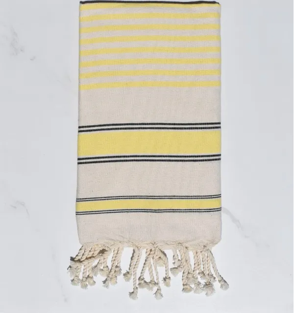 Fouta blanc crème, jaune et noir - Serviette de plage - Serviette absorbante - Grande serviette en coton