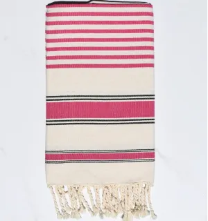 Fouta blanc crème, rose fuchsia et noir - Serviette de plage - Serviette absorbante - Coton recyclé écoresponsable