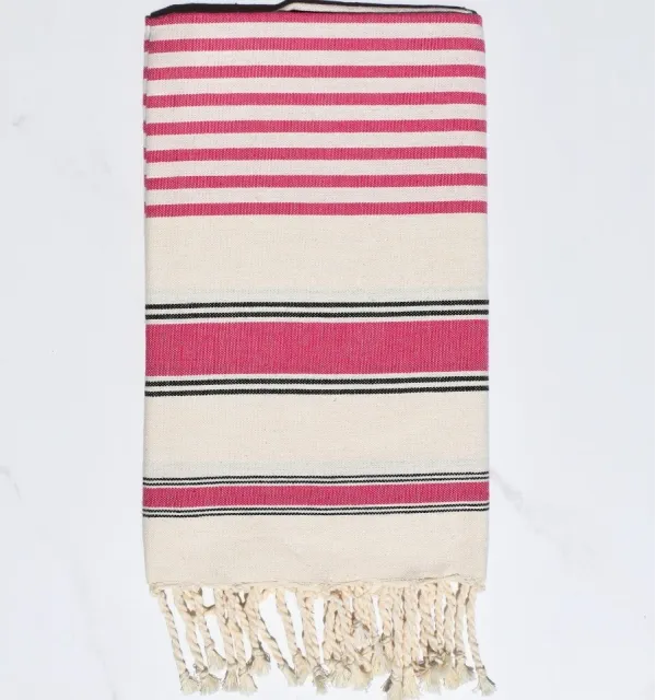 Fouta blanc crème, rose fuchsia et noir - Serviette de plage - Serviette absorbante - Coton recyclé écoresponsable