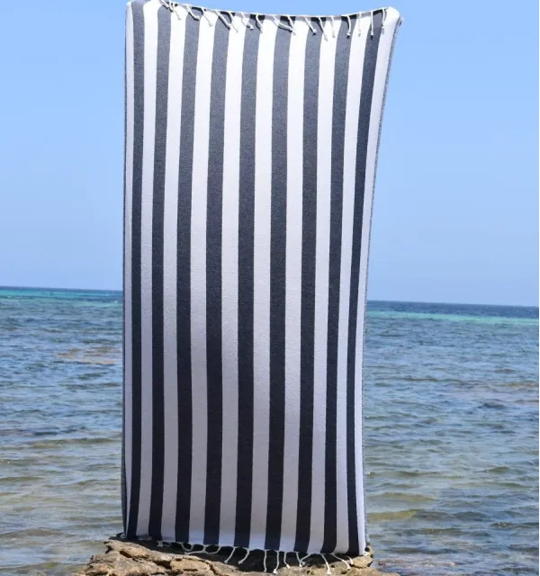 Fouta Alaska bleu nuit - Serviette Jacquard 100x200 cm en Coton - Serviette de plage - Serviette absorbante - Fouta à rayures