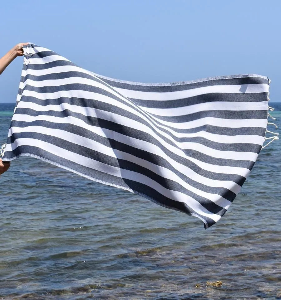 Fouta Alaska bleu nuit - Serviette Jacquard 100x200 cm en Coton - Serviette de plage - Serviette absorbante - Fouta à rayures