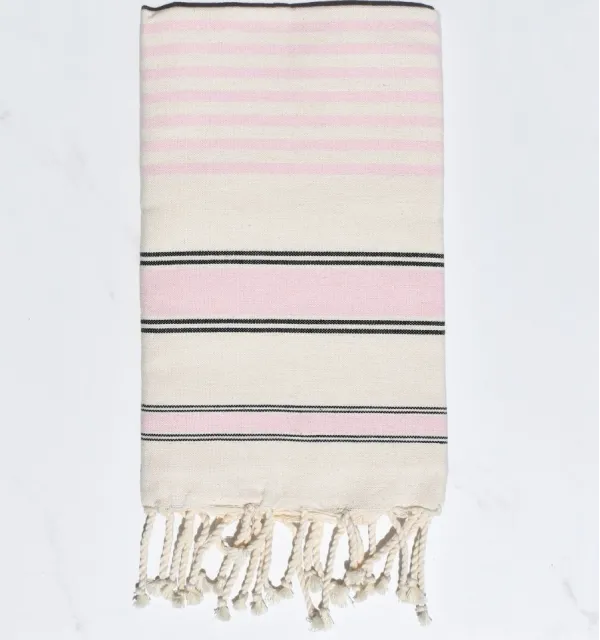 Fouta blanc crème, rose bébé et noir - Serviette de plage - Grande serviette - Fouta éco-responsable