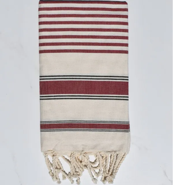 Fouta blanc crème, bordeaux et noir - Serviette de plage - Grande serviette de plage - Serviette éco-responsable