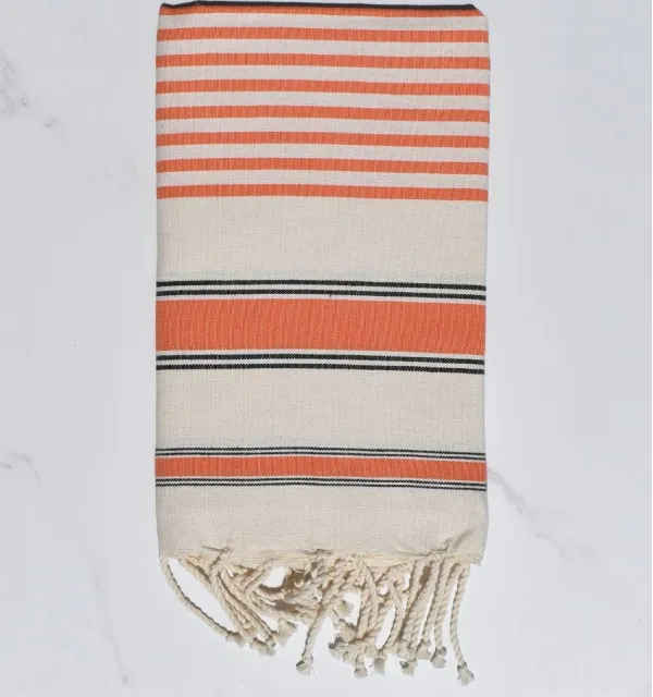 Fouta blanc crème, orange et noir – Serviette de plage éco-responsable, légère et absorbante