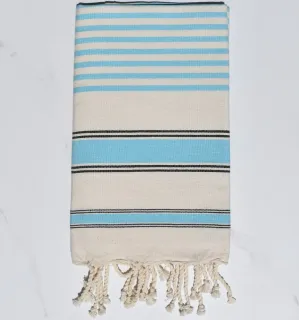 Fouta blanc crème, bleu céleste et noir - Serviette de plage légère et éco-responsable - Grande serviette de plage