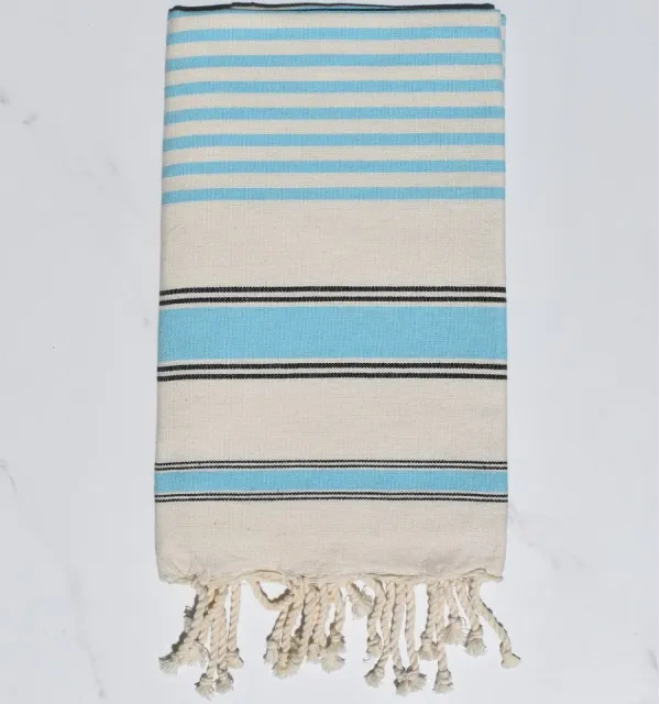 Fouta blanc crème, bleu céleste et noir - Serviette de plage légère et éco-responsable - Grande serviette de plage
