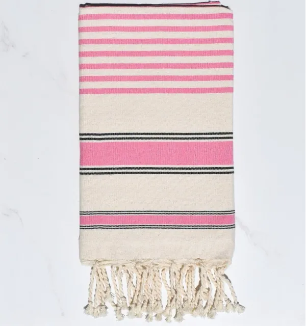 Fouta blanc crème, rose et noir – Grande serviette plage tendance & écologique