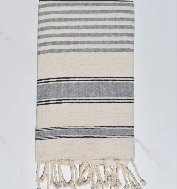 Fouta blanc crème, gris et noir - Serviette de plage élégante, éco-responsable et ultra-absorbante