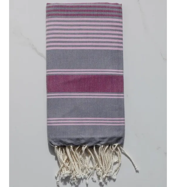 Fouta Dina gris plomb rayée rose et bordeaux 