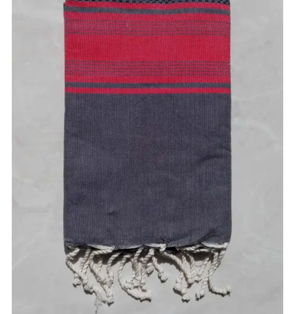 Fouta nid d'abeille gris et rouge avec rayures 